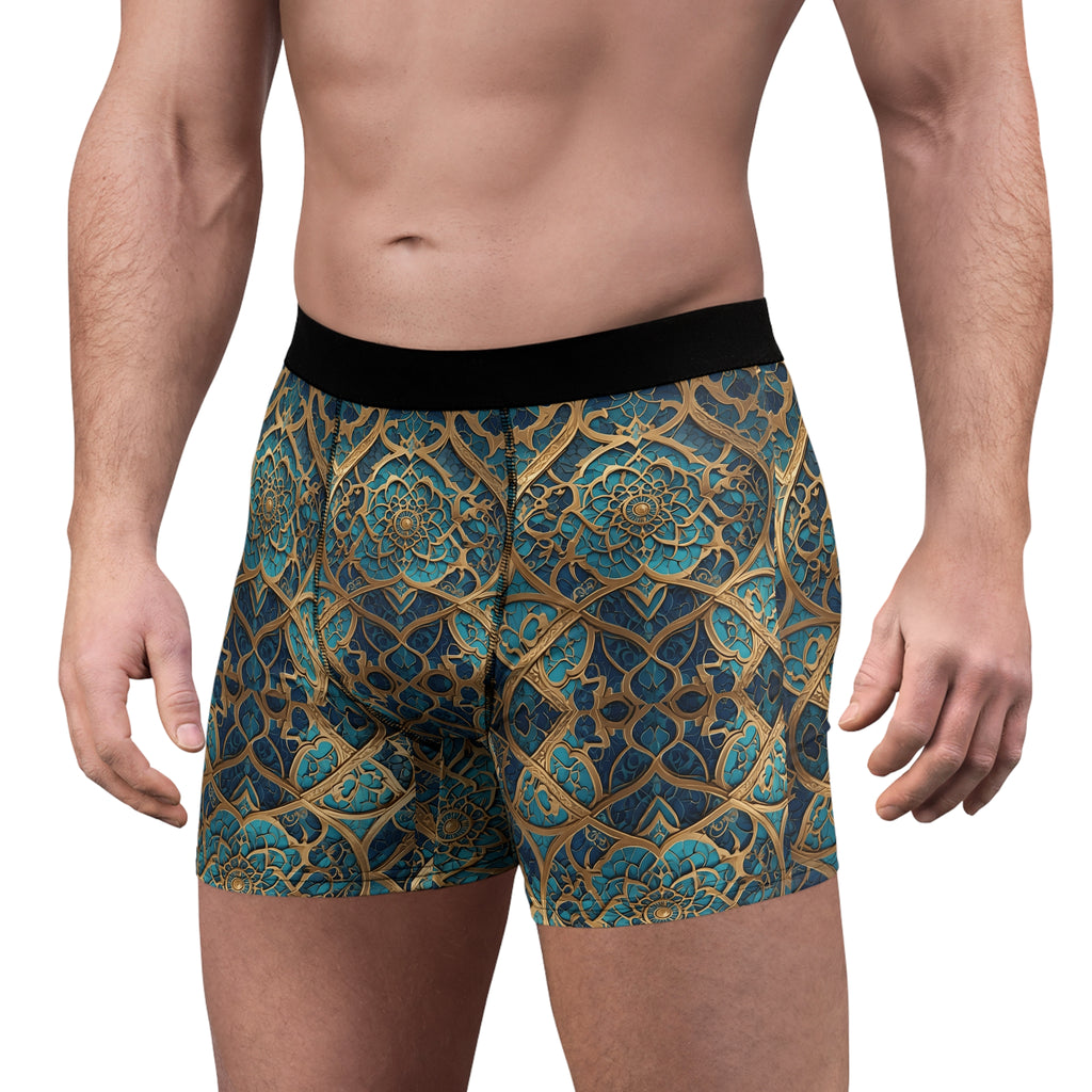 Ornate Geometric Boxer Briefs – Luxury Gold & Teal Pattern Design