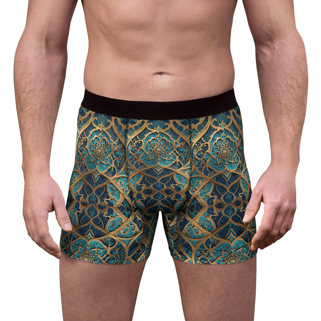 Ornate Geometric Boxer Briefs – Luxury Gold & Teal Pattern Design