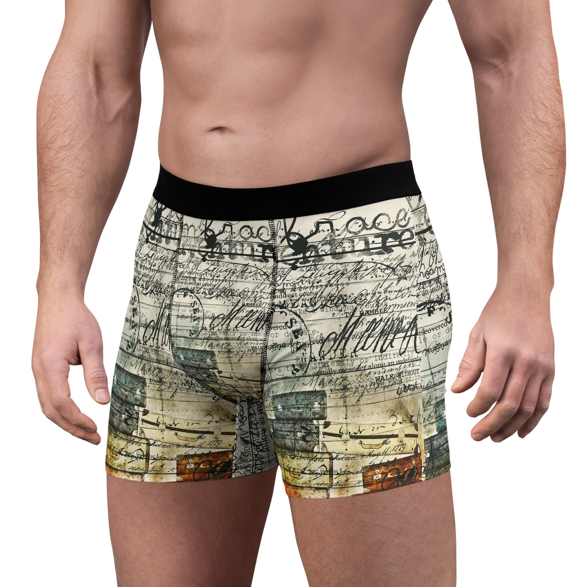 Vintage Script & Suitcase Boxer Briefs – Travel Journal Edition