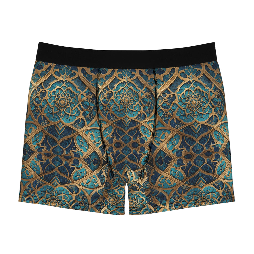Ornate Geometric Boxer Briefs – Luxury Gold & Teal Pattern Design
