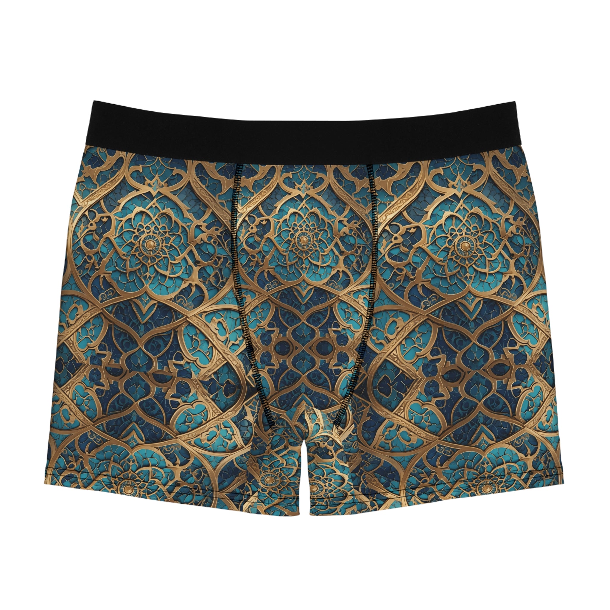 Ornate Geometric Boxer Briefs – Luxury Gold & Teal Pattern Design