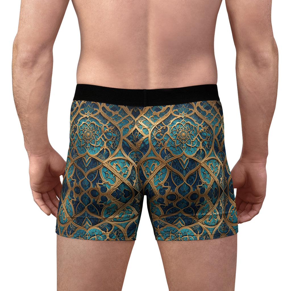 Ornate Geometric Boxer Briefs – Luxury Gold & Teal Pattern Design