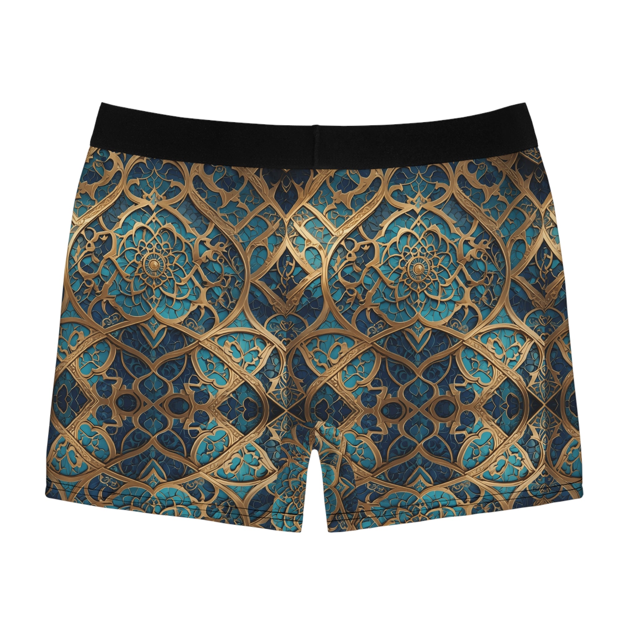 Ornate Geometric Boxer Briefs – Luxury Gold & Teal Pattern Design